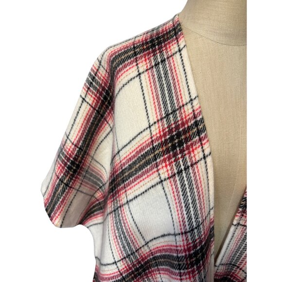 Loft Women's Size M/L Plaid Wrap Soft Poncho With Frayed Hem Red Cream Black - Picture 2 of 9